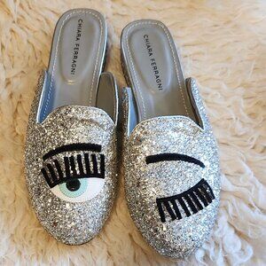Chiara Ferragni Flirting Silver Glitter Beaded Flat Mules Size 36 / US 6